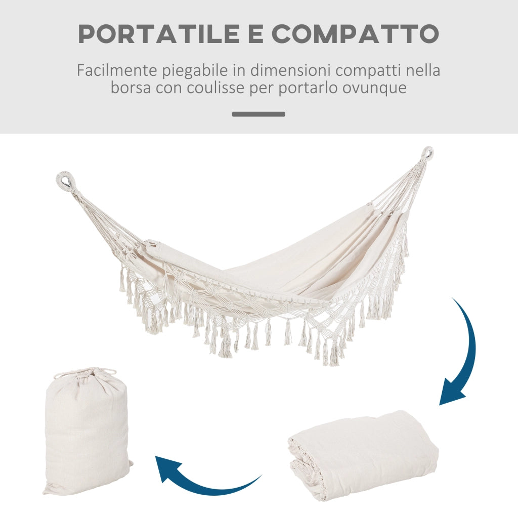 Amaca da Giardino Sospesa in Tela con Frange Stile Boho, 288x150 cm, Capacit¨¤ 120 kg, Crema