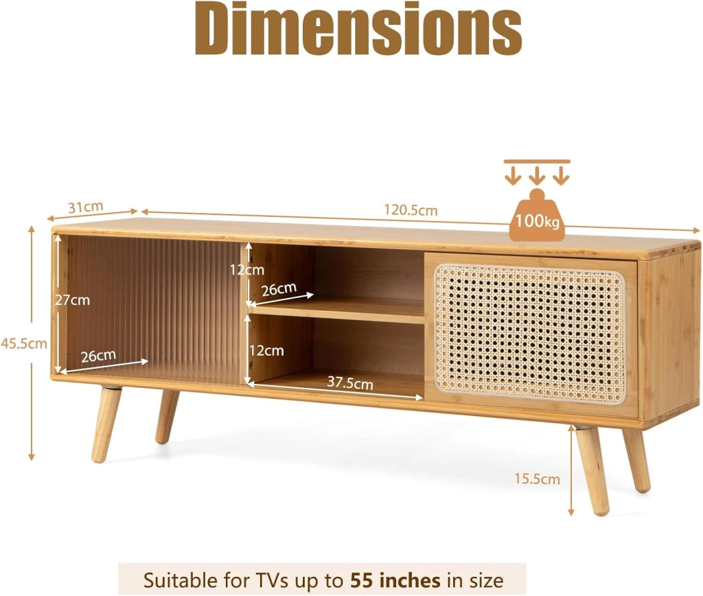 Mobile TV in bambù, Panca TV con 2 Armadi a porta, Tavolo TV, Scaffale aperto a 2 livelli e porta scorrevole in vetro, per TV fino a 55", 120,5 x 31 x 45,5 cm (naturale)