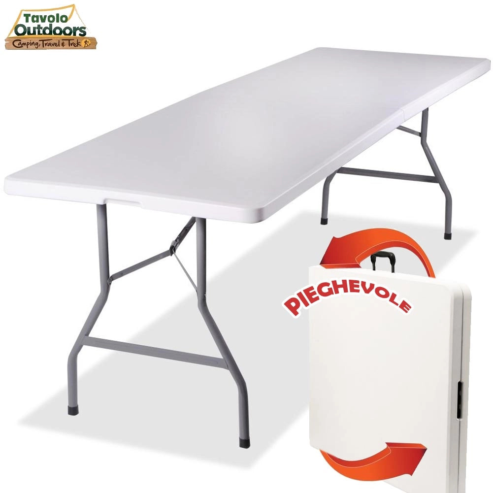 Tavolo Catering Rettangolare Pieghevole 244x76x72cm in Resina e Metallo Bianco