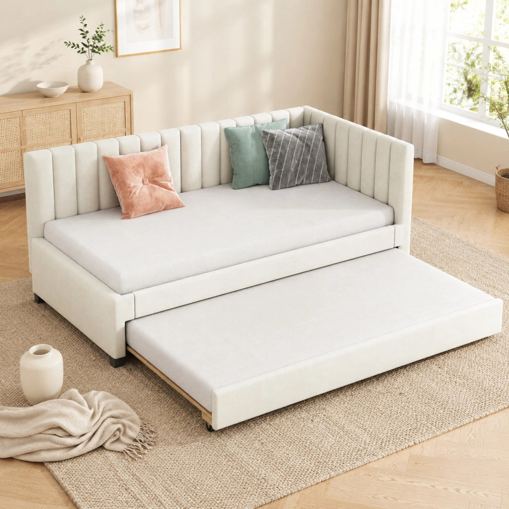 LETTO imbottito estraibile 90x200 cm in velluto beige con rete a doghe