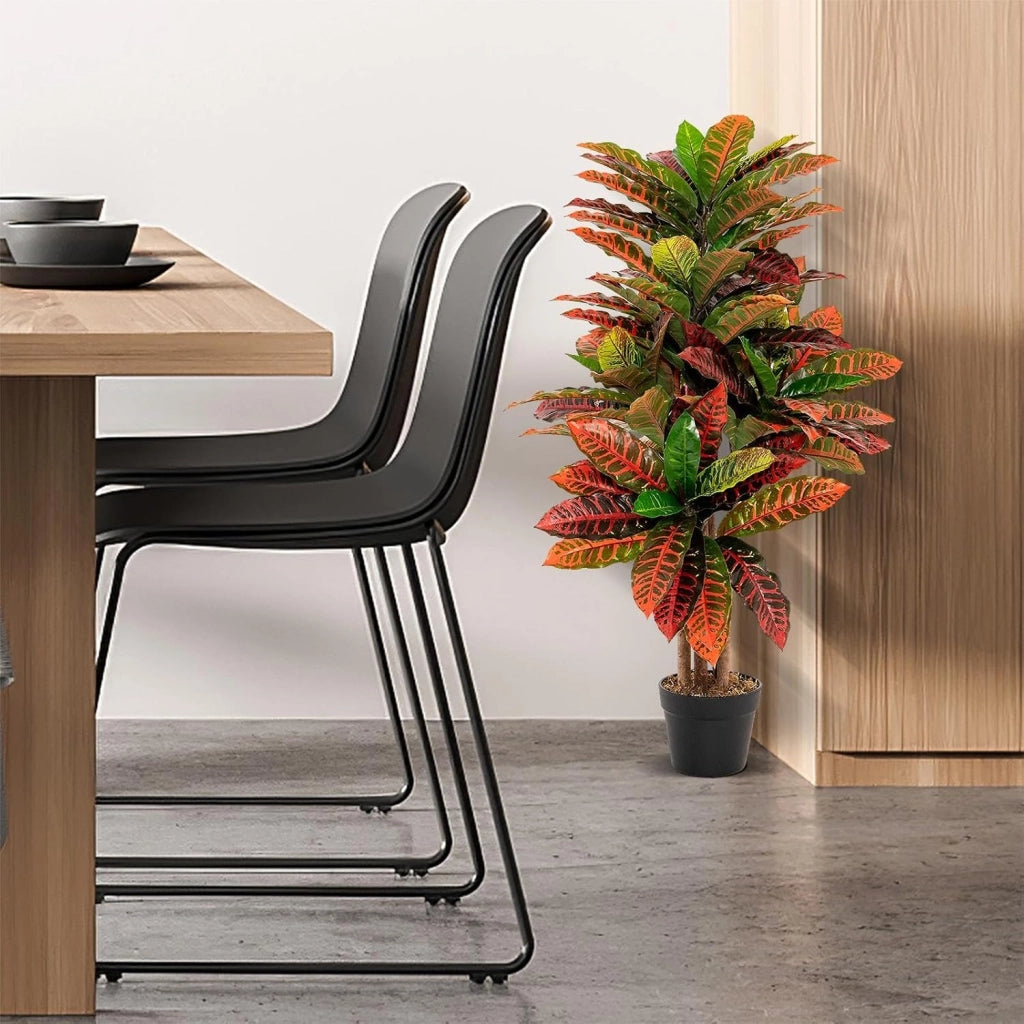 Pianta artificiale 100 cm, arbusto miracoloso artificiale con tronco di legno naturale, piante decorative colorate, albero artificiale in vaso, piante d'appartamento, Codiaeum Variegatum