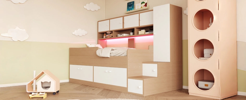 Letto in legno 90×200 cm color legno ripostiglie armadio scala facile LED e corrimano di sicurezza