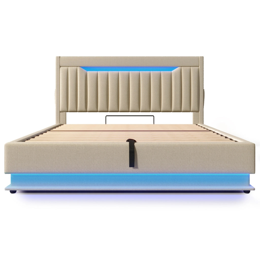 Letto matrimoniale 180x200 cm in lino beige con LED; testiera con USB e vano contenitore