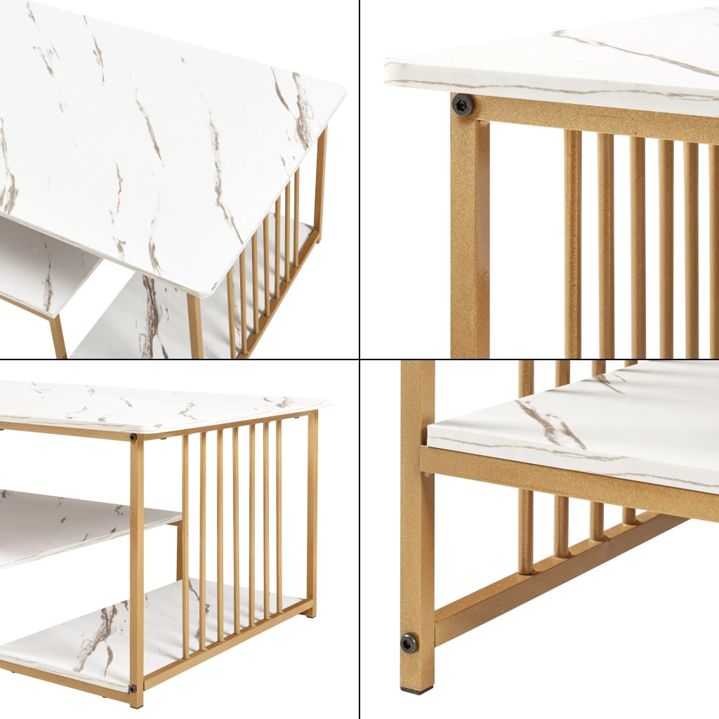 Tavolino Centrale da Salotto Klibro 120x60x42 cm Effetto Marmo Bianco / Dorato [en.casa]