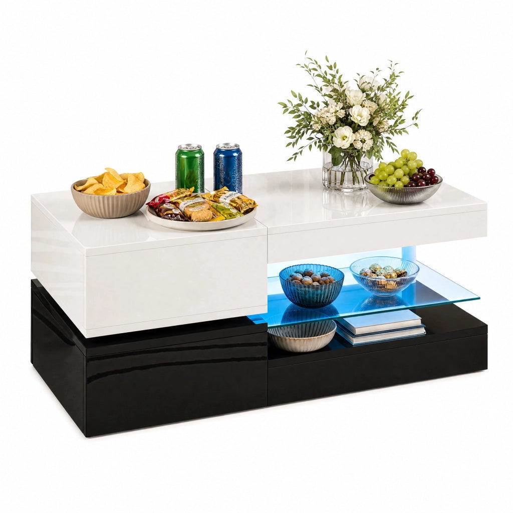 Tavolino da caffè LED nero e bianco 90x45x35,5 cm con controllo APP e Bluetooth