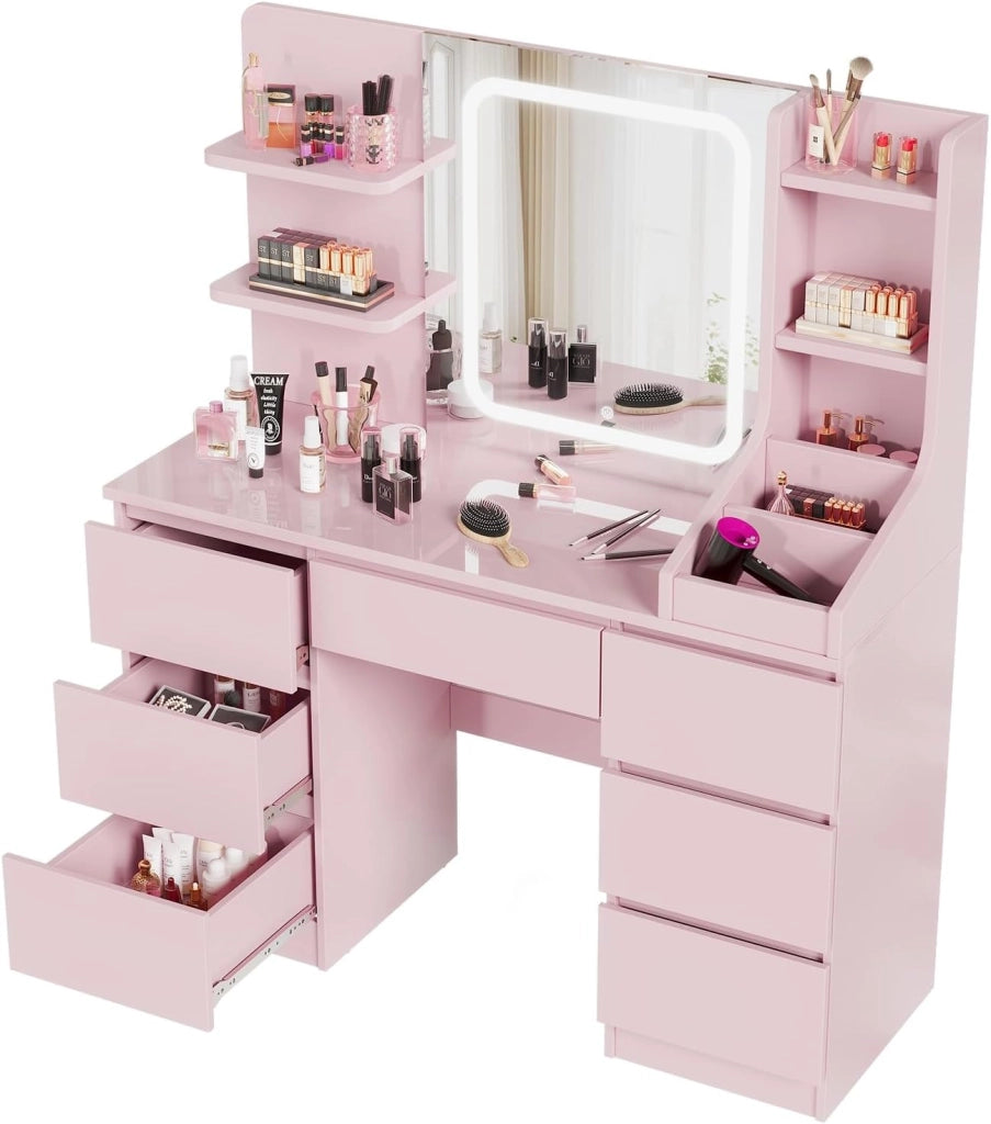 Toeletta da Trucco con 7 Cassetti, Postazione Trucco con Specchio a LED, Luminosità Regolabile,Tavolo da Toeletta con 4 Ripiani Aperti,per la Camera da Letto (Rosa)