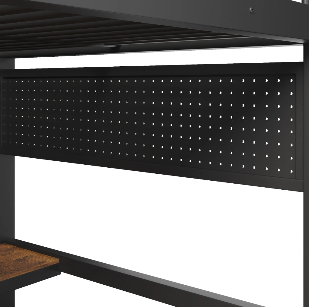 Letto a soppalco 140x200 cm in metallo con scrivania, LED e ripiani