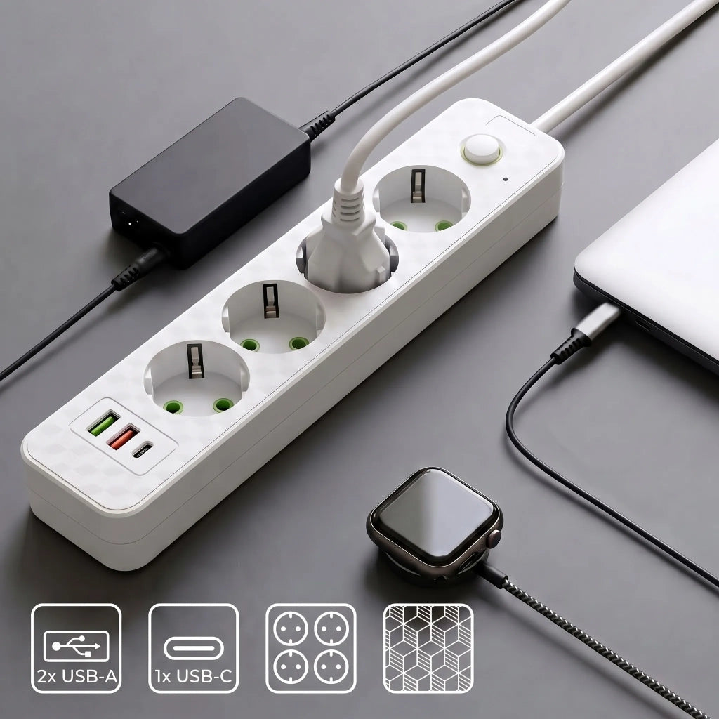 Multipresa Con Prolunga, 4 Prese + 2 Porte Usb-a + Usb-c Jnh021-4a White