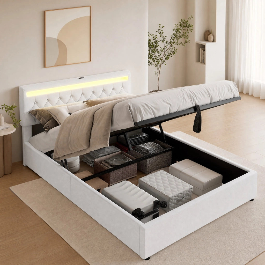 Letto Matrimoniale 160 × 200 cm con luce LED, porte USB e Type-C, contenitore idraulico, senza materasso, bianco