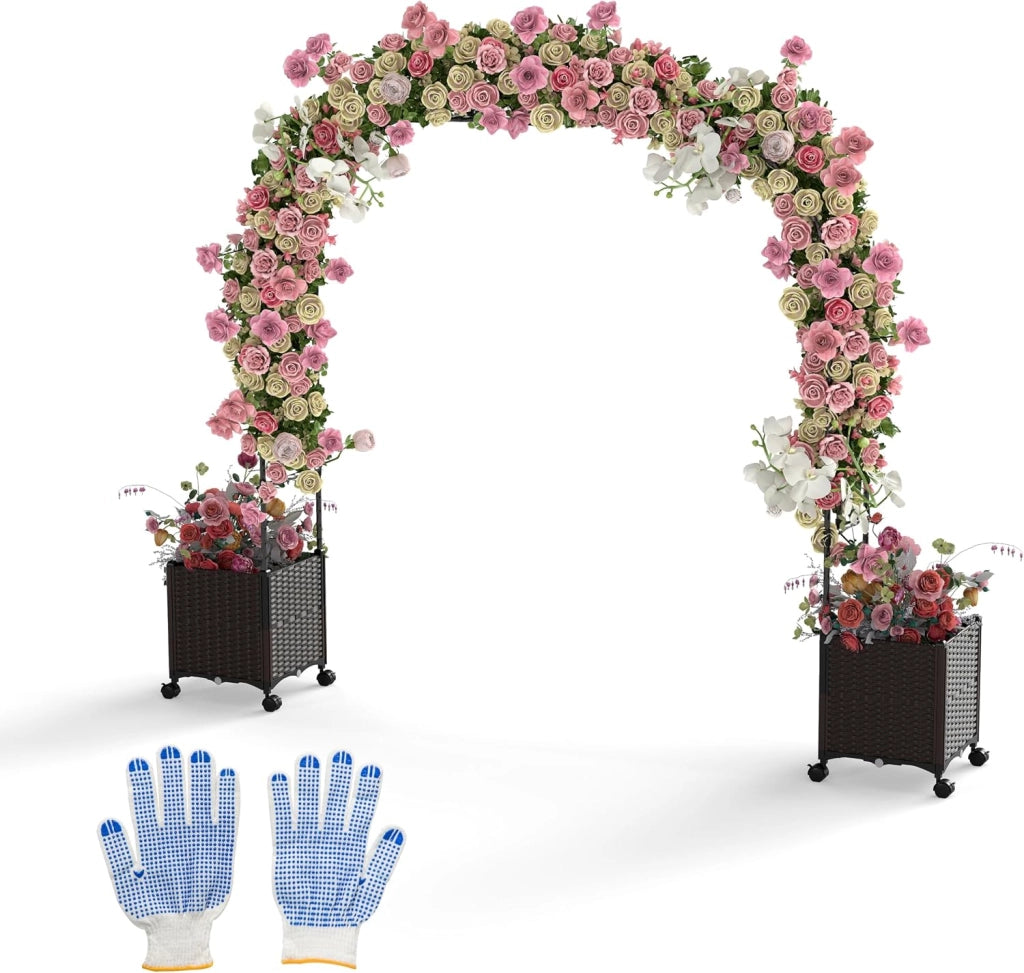 Arco da Giardino, Pergolato per Piante Rampicanti con 2 Fioriere, Sistema di Autoirrigazione, Fori di Drenaggio e Ruote Bloccabili, Decorazione per Matrimoni