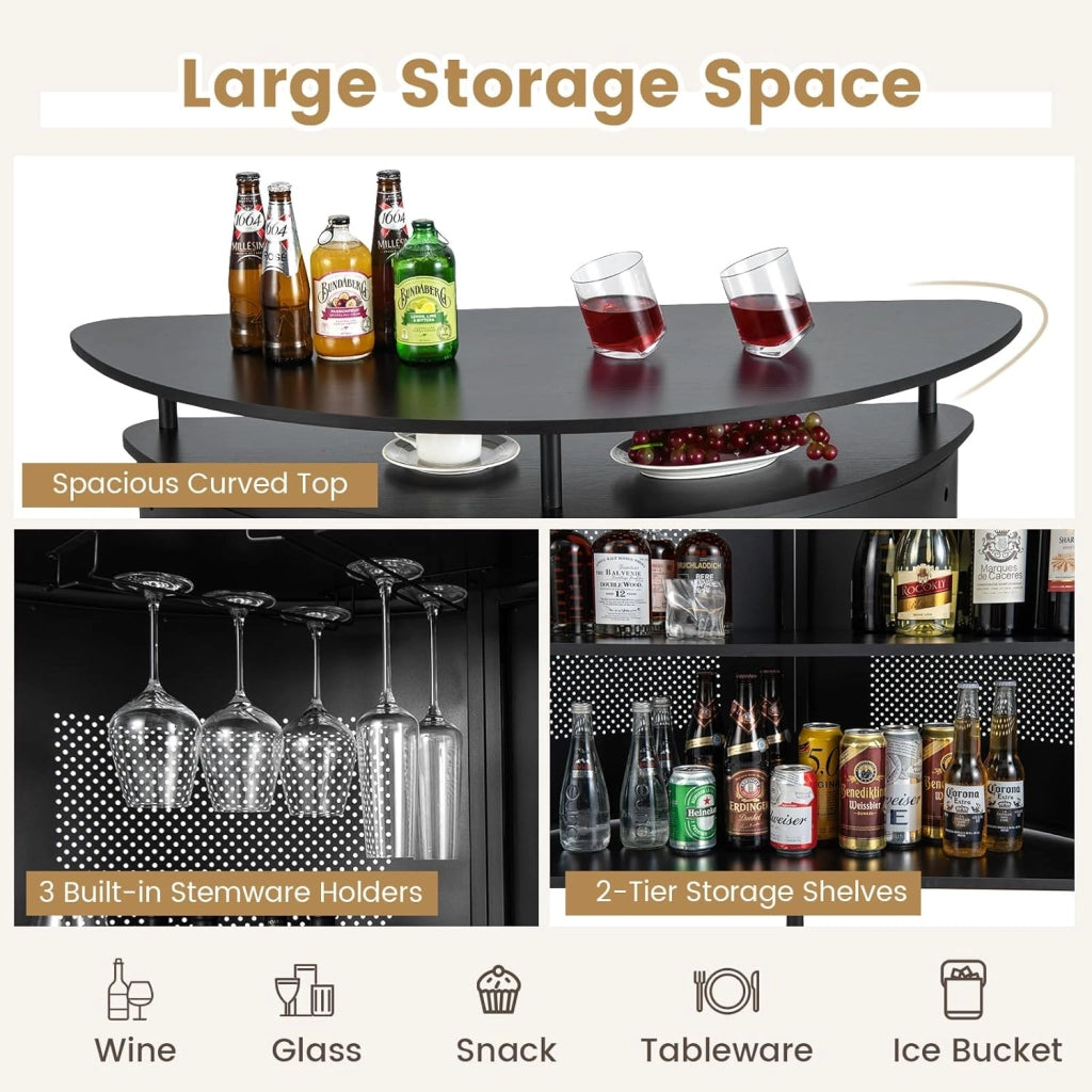 Mobile da bar con ripiani e 3 file di portabicchieri, tavolo da bar curvo con parte anteriore in rete e poggiapiedi in metallo, 6 gambe regolabili, 110,5 x 48 x 112,5 cm, credenza per cucina