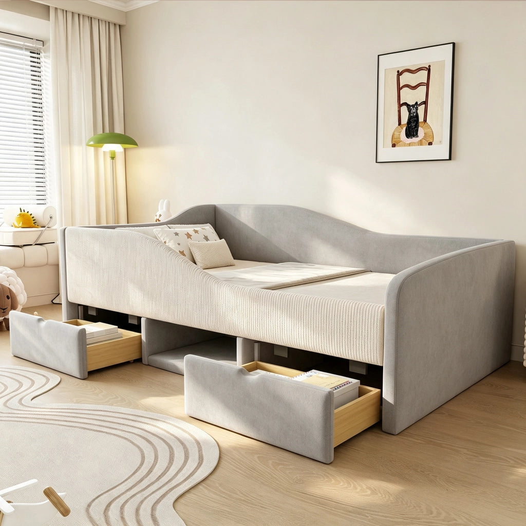 Letto per bambini 90 × 190 cm con barriere di sicurezza, 2 cassetti, vano aperto e porta scarpe, senza materasso, grigio