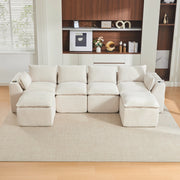 Divano modulare 4 posti in velluto a coste beige con 2 pouf e portabicchieri