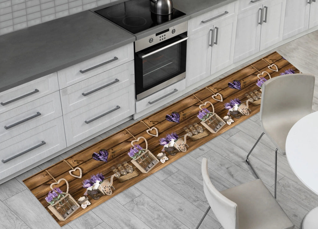 Tappeto Passatoia Cucina Antiscivolo Stampa Digitale Dis. Lavanda Cuor Carretto - 50x180 - Lavanda