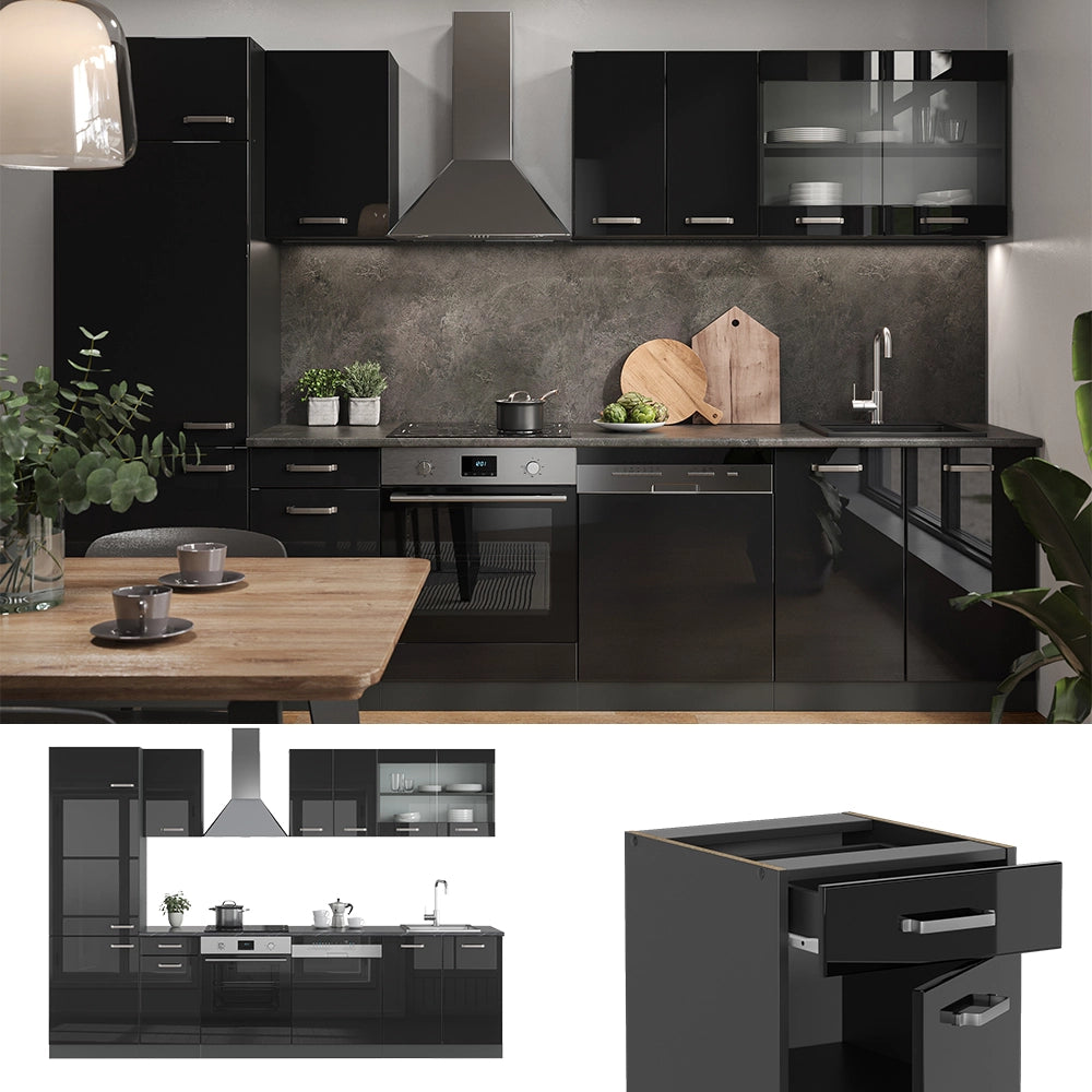Vicco Cucina componibile Nero lucido/antracite 300 cm , PL Marmo