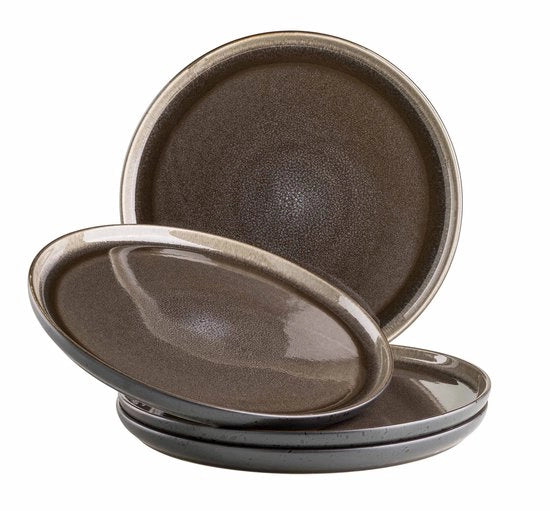 Tavolo da pranzo moderno, insieme da 4 persone con look vintage, piatti da tavola ceramici grandi, terracotta, grigio/nero