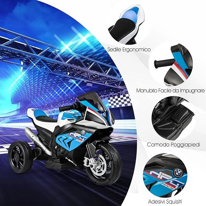 6V BMW Moto Cavalcabile per Bambini, Motocicletta a 3 Ruote con Musica Fari, 3km/h, Moto Elettrica Regalo per Bambini 37 a 96 Mesi (Blu)