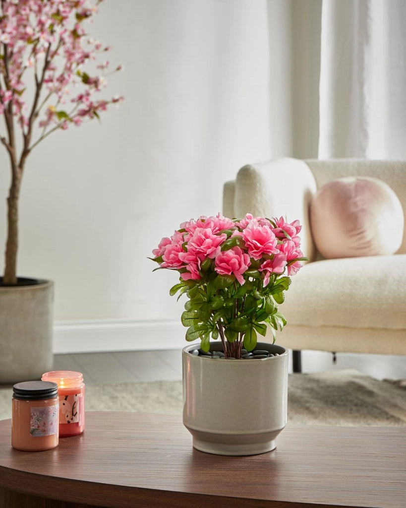 Pianta artificiale di rododendro in vaso Fiori rosa Materiale sintetico 36 cm Accessorio decorativo per interni