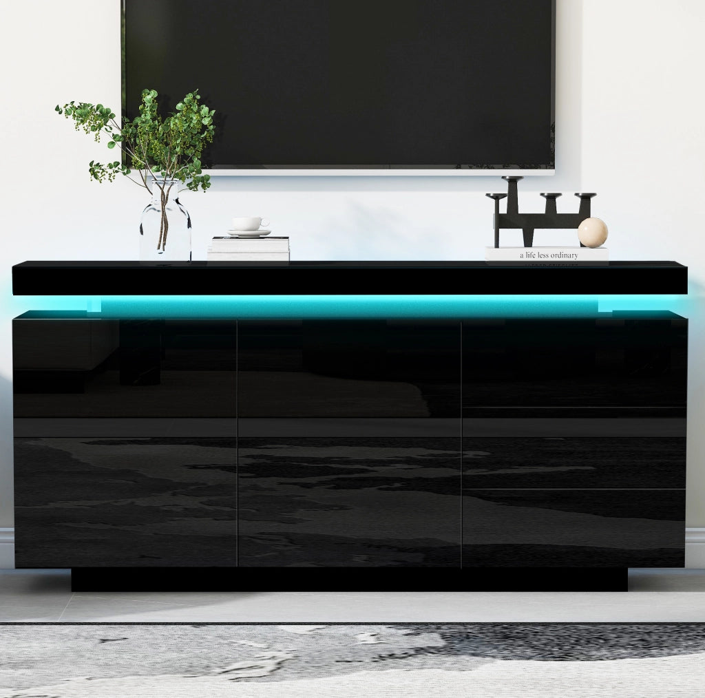 Credenza 140x35x72.5 cm con LED; 2 ante e 3 cassetti; pannello truciolare nero