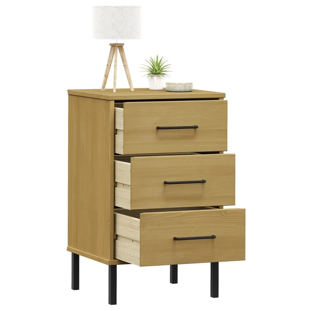 Comodino | Armadio da Notte | Mobiletto da notte con Gambe in Metallo Marrone Legno Massello Pino OSLO