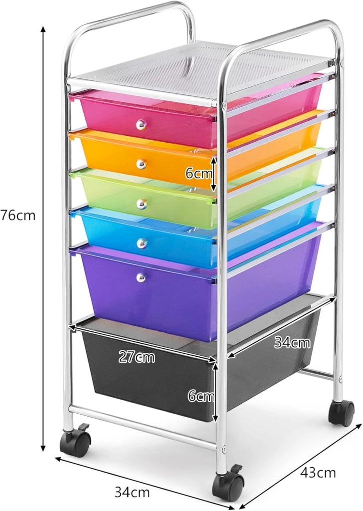Carrello con 6 Cassetti, Portaoggetti Multistrato, Carrello da Stoccaggio a 6 Ripiani, Contenitore con Ruote, Scaffale Mobile Salvaspazio, 32x37x74 cm, Colorato
