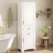 Armadietto da bagno con 2 cassetti, 2 ante e ripiani aperti, in MDF, per bagno, bianco, 60 × 40 × 180 cm