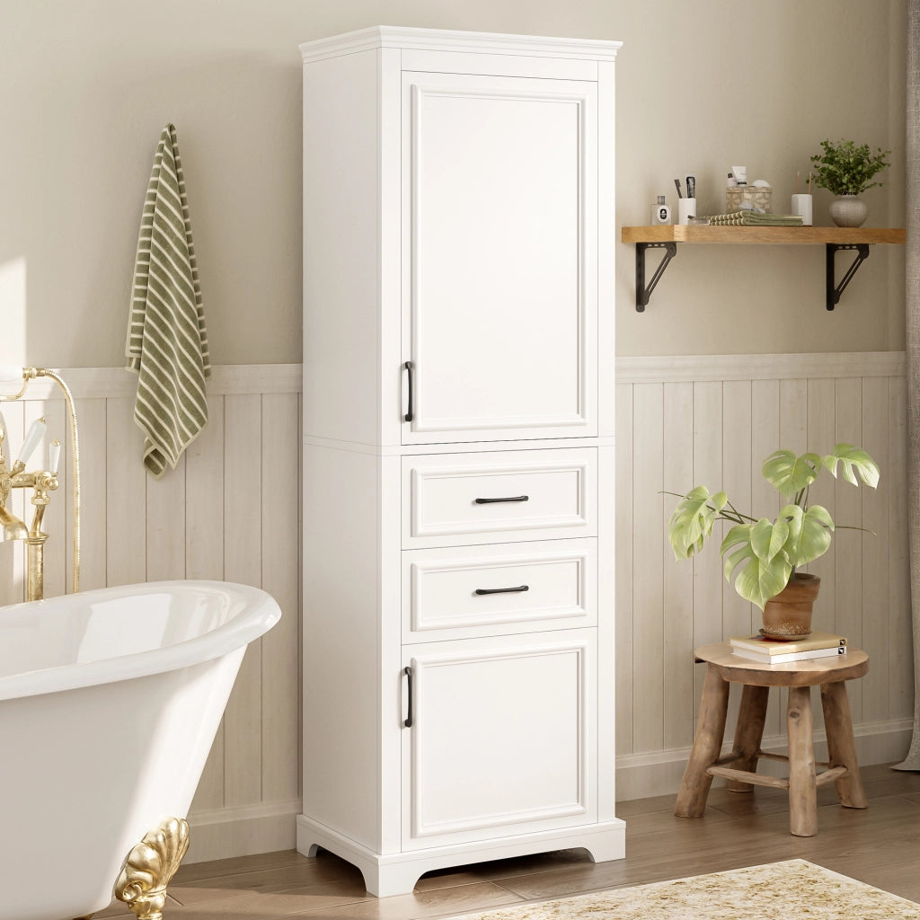 Armadietto da bagno con 2 cassetti, 2 ante e ripiani aperti, in MDF, per bagno, bianco, 60 × 40 × 180 cm