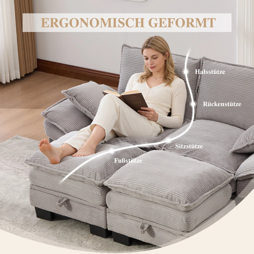 Divano modulare 2 posti in velluto a coste con pouf, usb-c, tasche laterali e seduta ergonomica, grigio chiaro