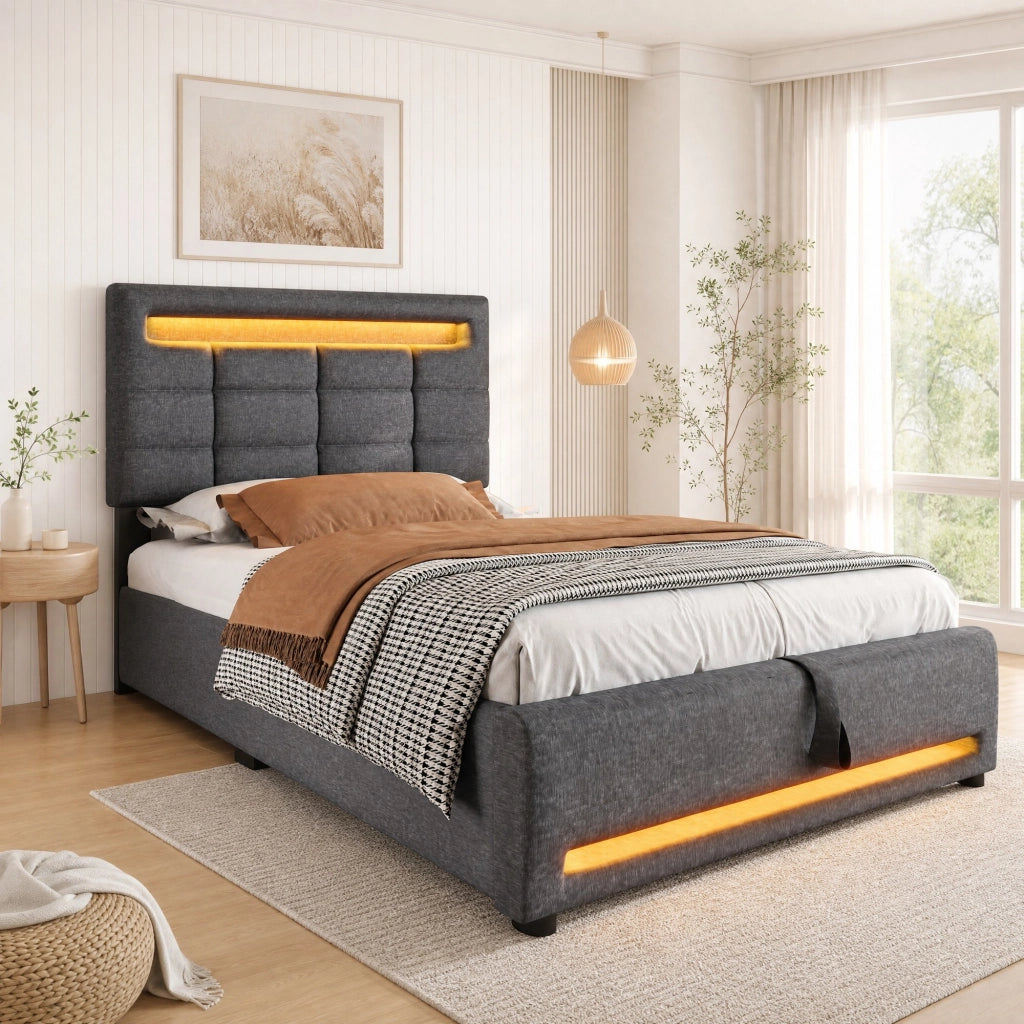 LETTO Contenitore 90x200 cm Lino Grigio con LED APP e USB