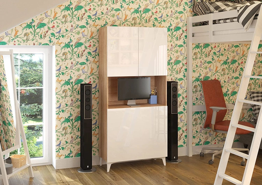 MOBILE SCRIVANIA COMPUTER LIBRERIA MEGAN H175x80x36cm BIANCO LUCIDO ROVERE