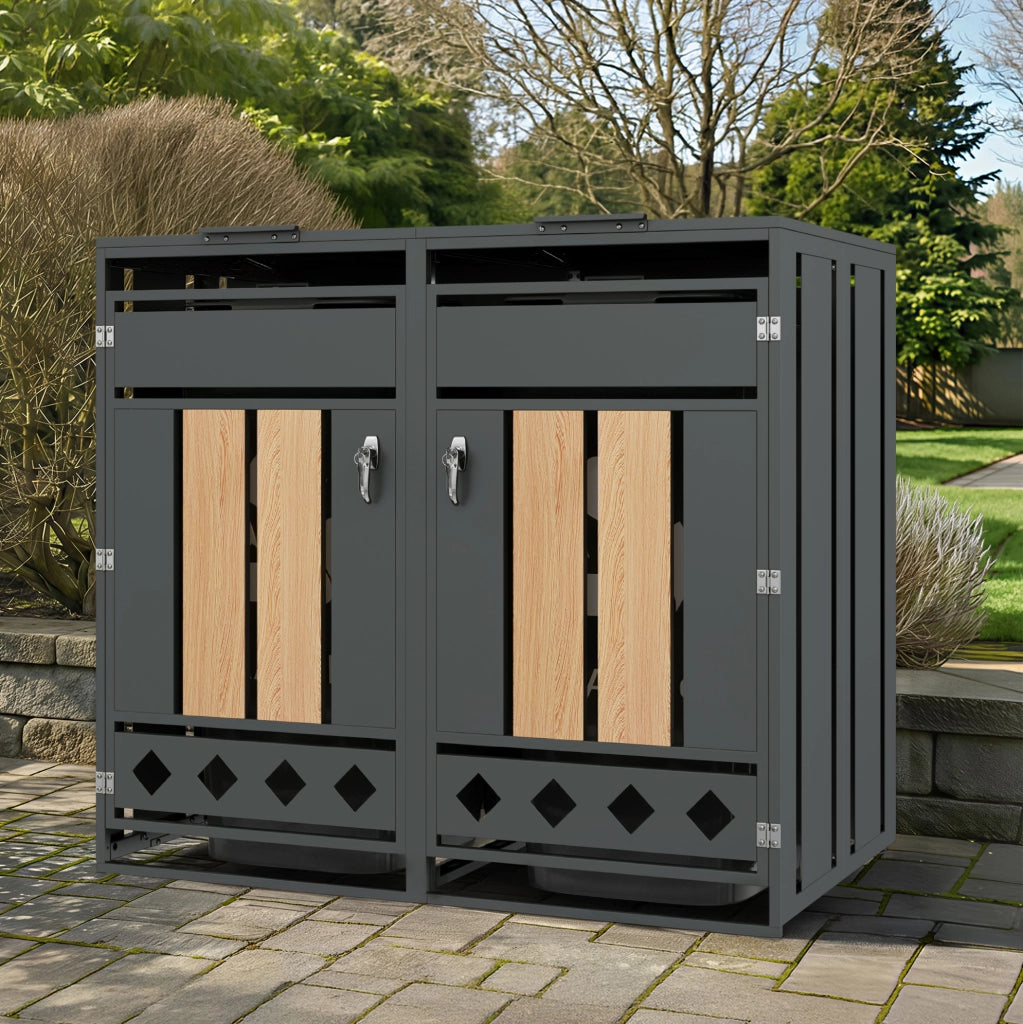 Box per bidoni rifiuti a 2 scomparti con coperchio idraulico; 132x80x118;5 cm; acciaio grigio effetto legno
