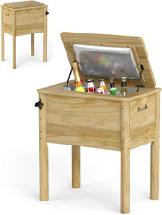 Frigorifero per rotelle, 51 l, bar all'aperto mobile 67 x 47 x 74 cm, tempo di mantenimento 2-4 ore, materiale in legno di pino solido, per giardino, terrazza, piscina, bistrot, naturale