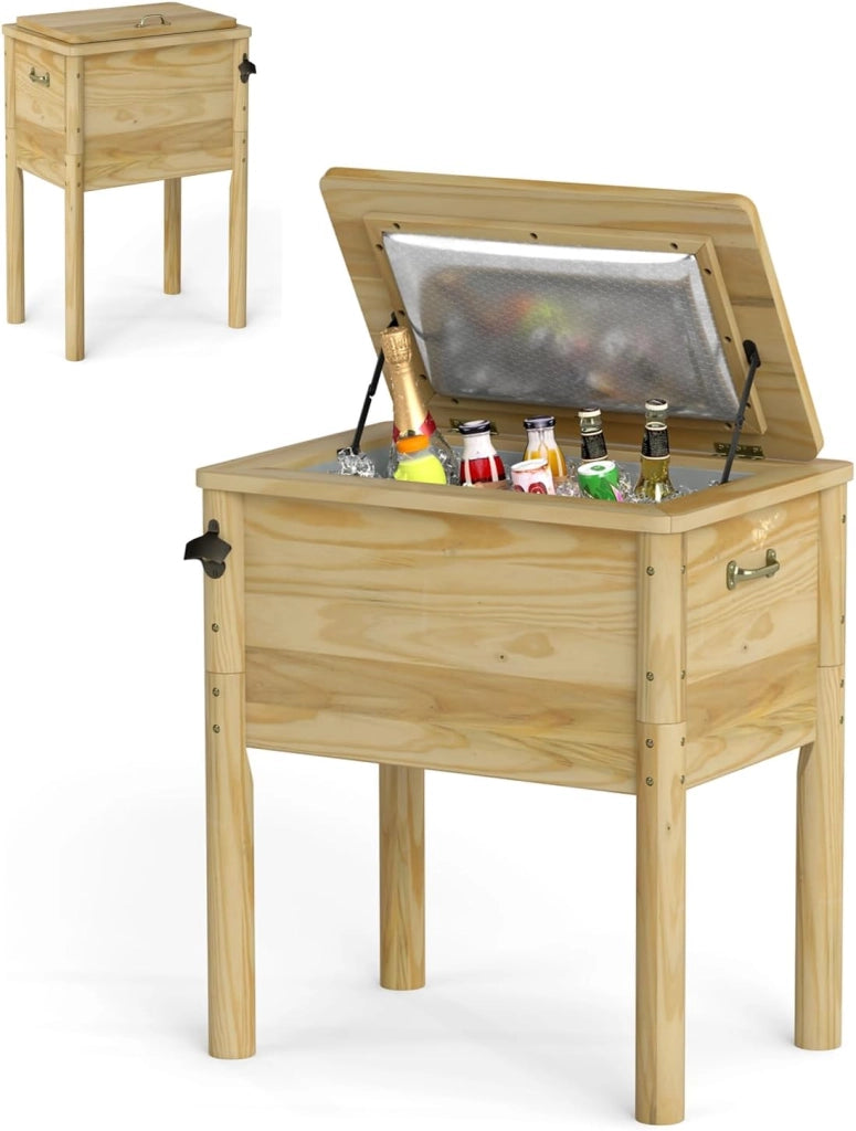 Frigorifero per rotelle, 51 l, bar all'aperto mobile 67 x 47 x 74 cm, tempo di mantenimento 2-4 ore, materiale in legno di pino solido, per giardino, terrazza, piscina, bistrot, naturale