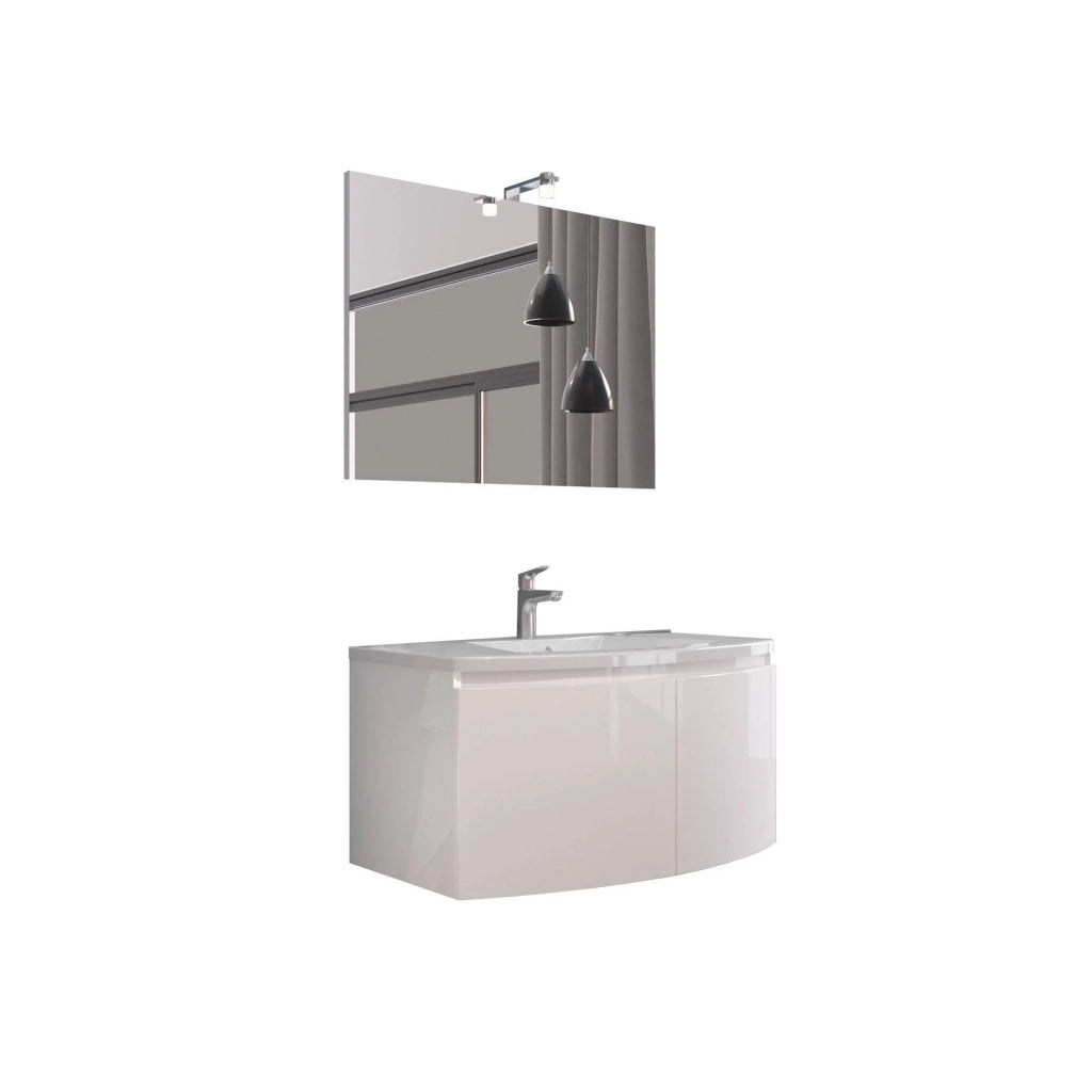 Composizione bagno 2 ante con lavabo in ceramica e specchio con lampada led