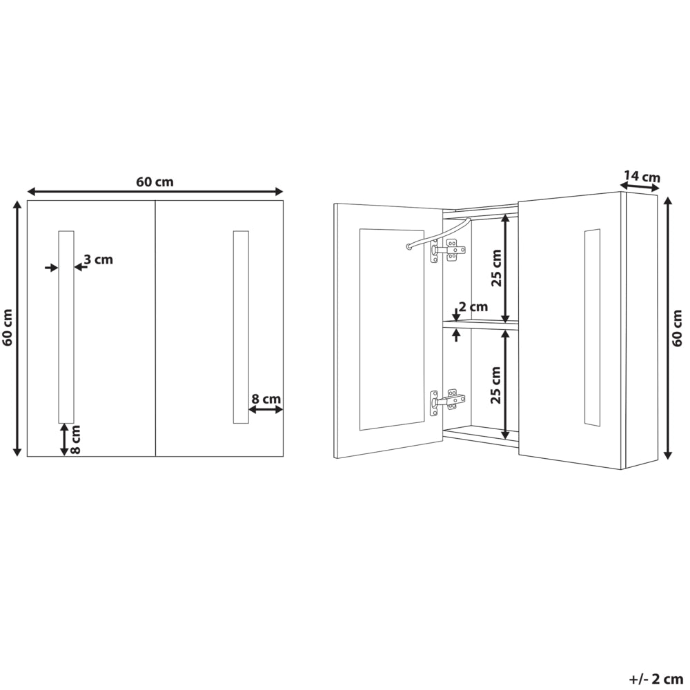 Armadietto a specchio per bagno in multistrato argento 60 x 60 cm Armadio pensile a 2 ante con luci a LED