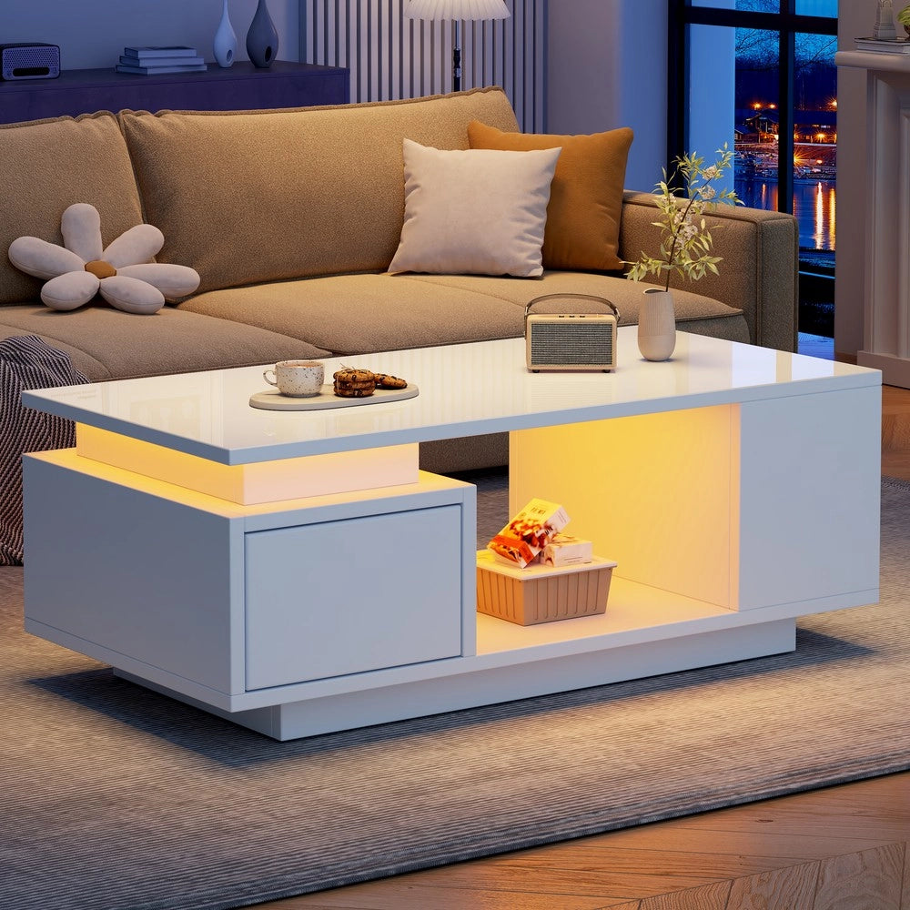 Tavolino da Caff¨¨ con Cassetto e LED ¨C MINIMAL ¨C Bianco Lucido, 100x50x36