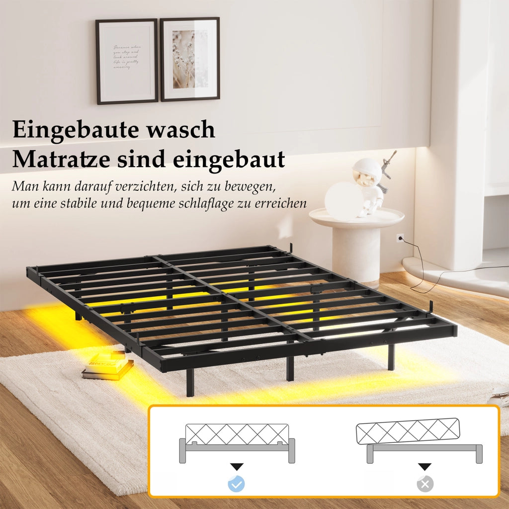 Letto matrimoniale 140 × 200 cm con LED, stazione di ricarica e struttura in metallo, senza materasso, nero