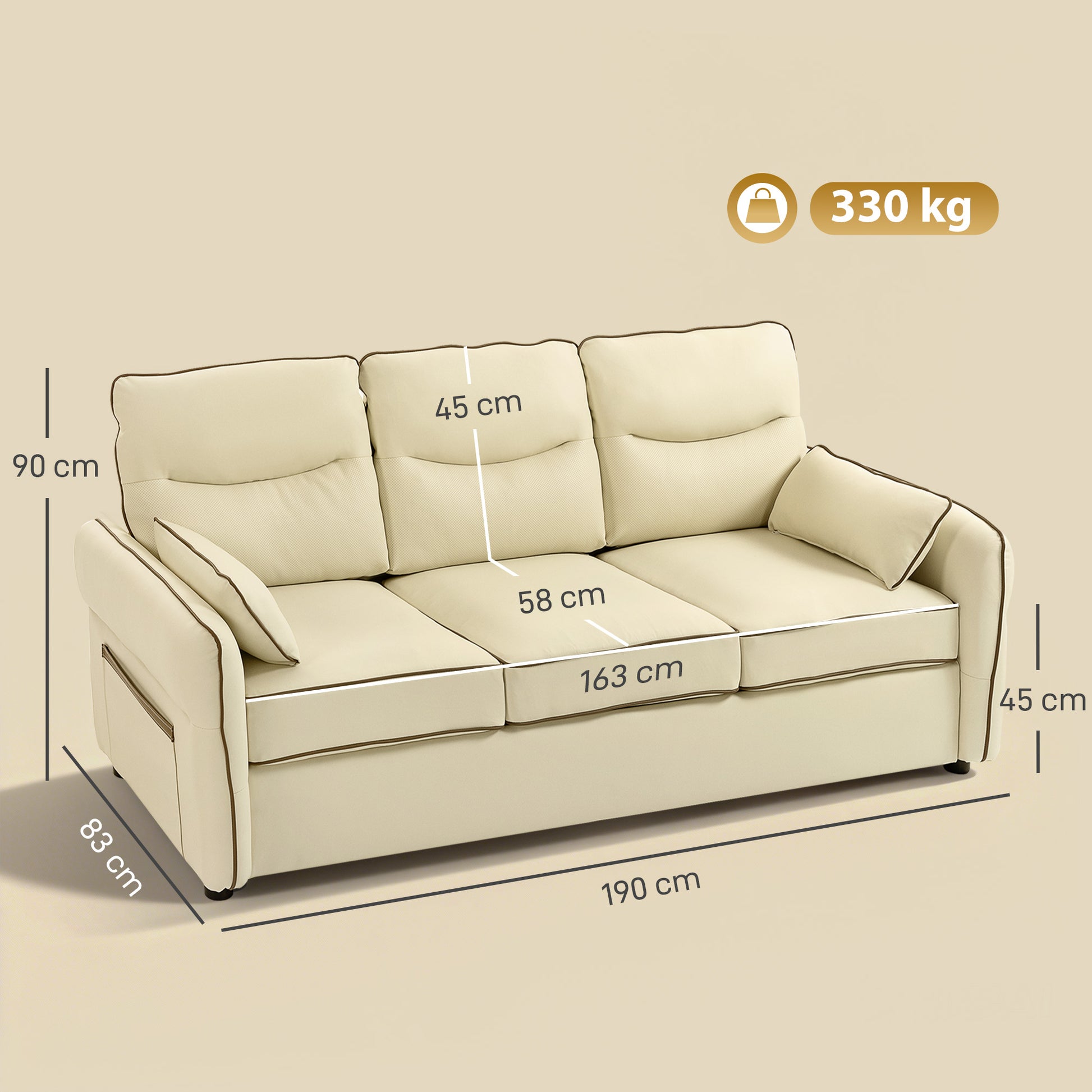 Divano 3 Posti 190x83x90 cm con Imbottitura Spessa Tasca Laterale e 2 Cuscini in Finta Pelle Beige