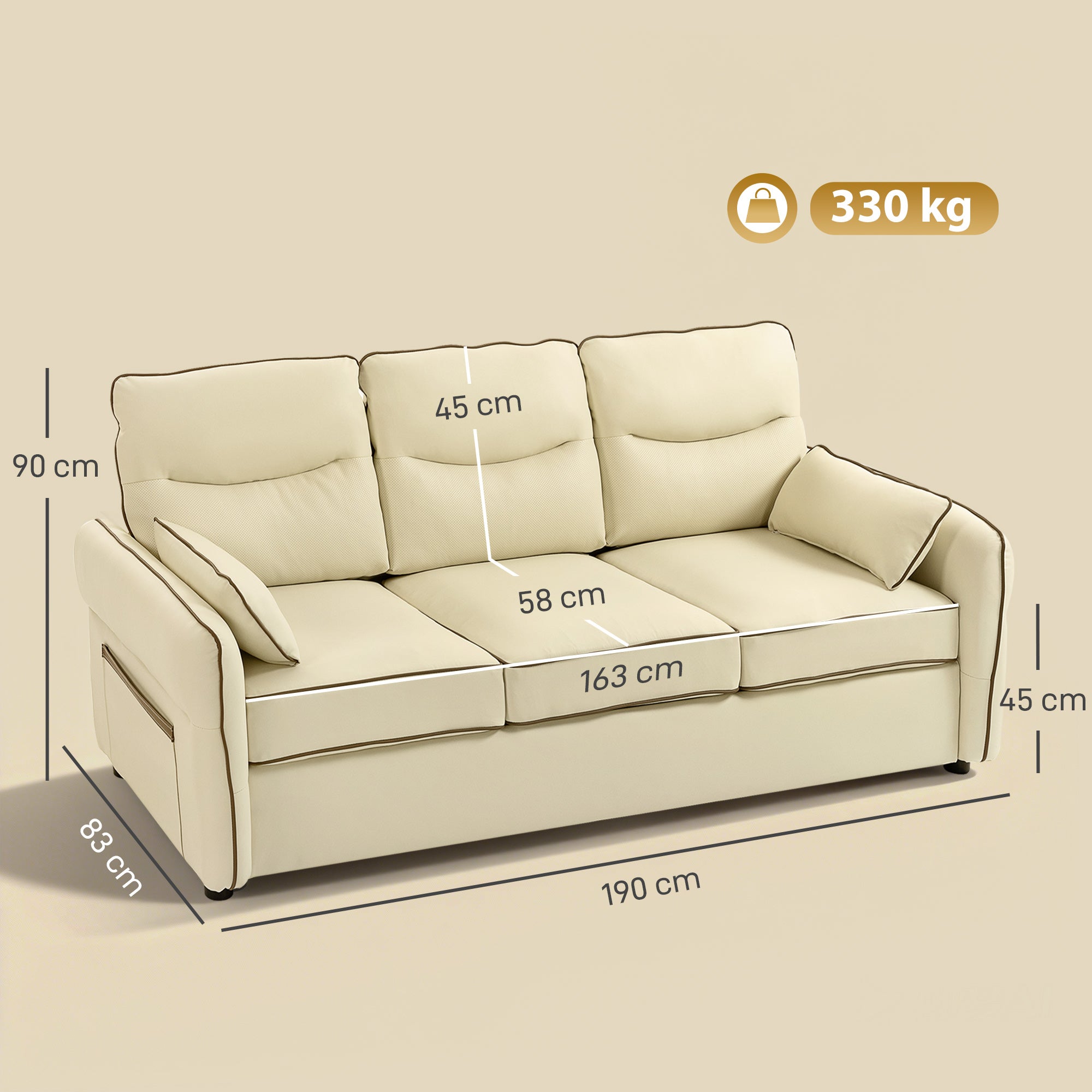 Divano 3 Posti 190x83x90 cm con Imbottitura Spessa Tasca Laterale e 2 Cuscini in Finta Pelle Beige