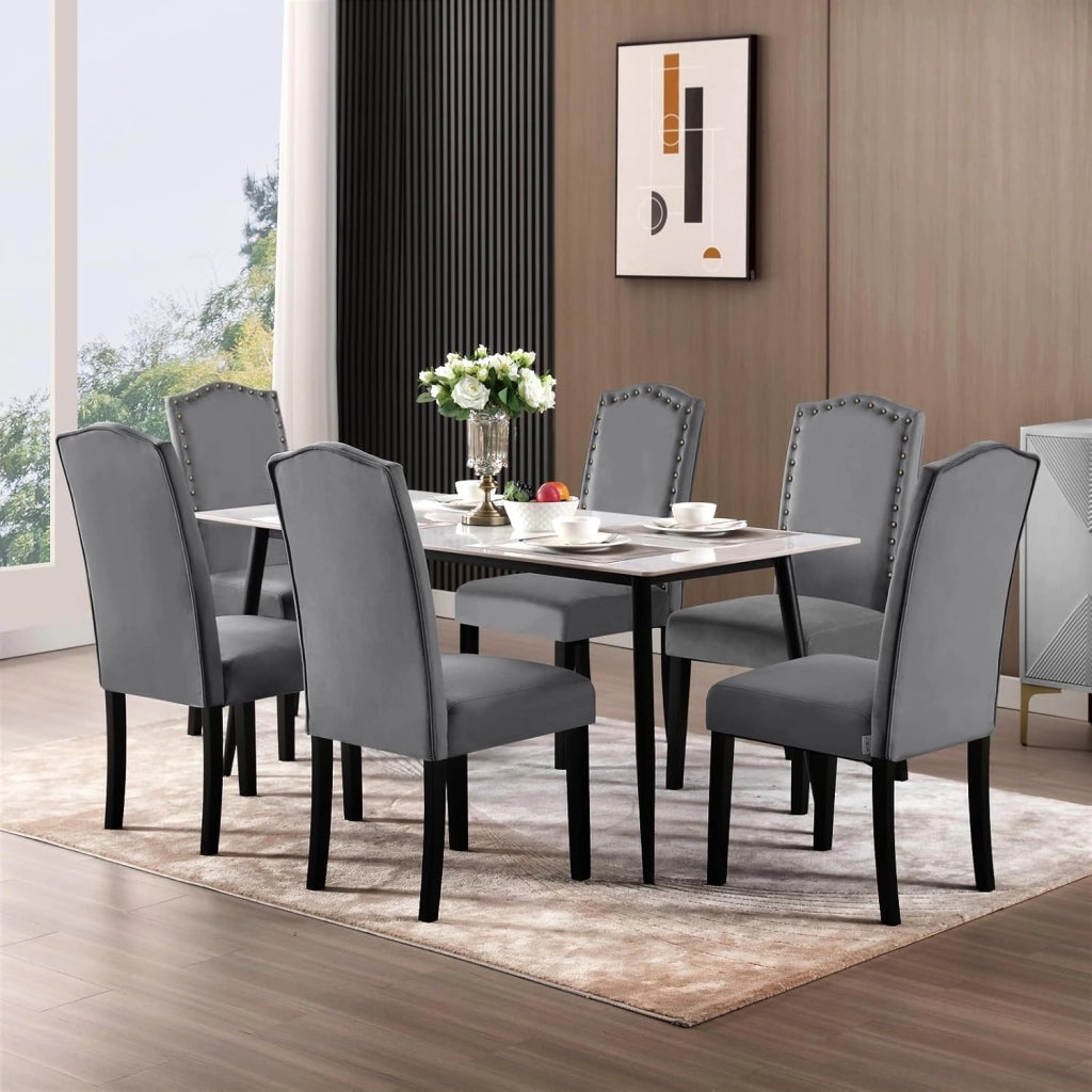 Sedie da Cucina Set da 4, Sedie per Sala da Pranzo con Schienale Alto e Gambe in Legno Massello, Sedie Imbottite per Salotto, Decorazione con Rivetti, in Velluto, Grigio scuro, BH385dgr-4