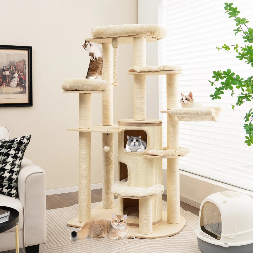 Albero per gatti multi-livello con nicchia a 3 piani 2 cucce tiragraffi, Torre per gatti in legno da interno Beige-Alberi Tiragraffi