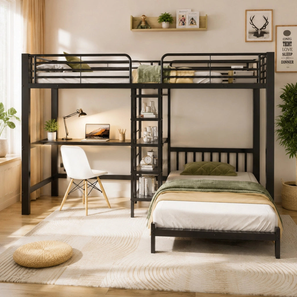 Letto a soppalco 90x200 cm con scrivania e prese USB Type-C