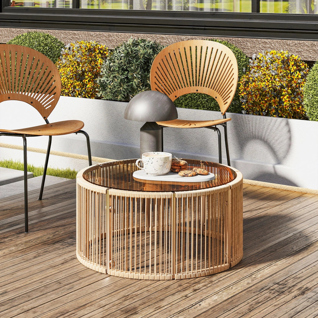 Tavolino da caffè in polietano con piano in vetro temperato Tavolino da giardino con struttura in acciaio 70 x 70 x 33 cm marrone