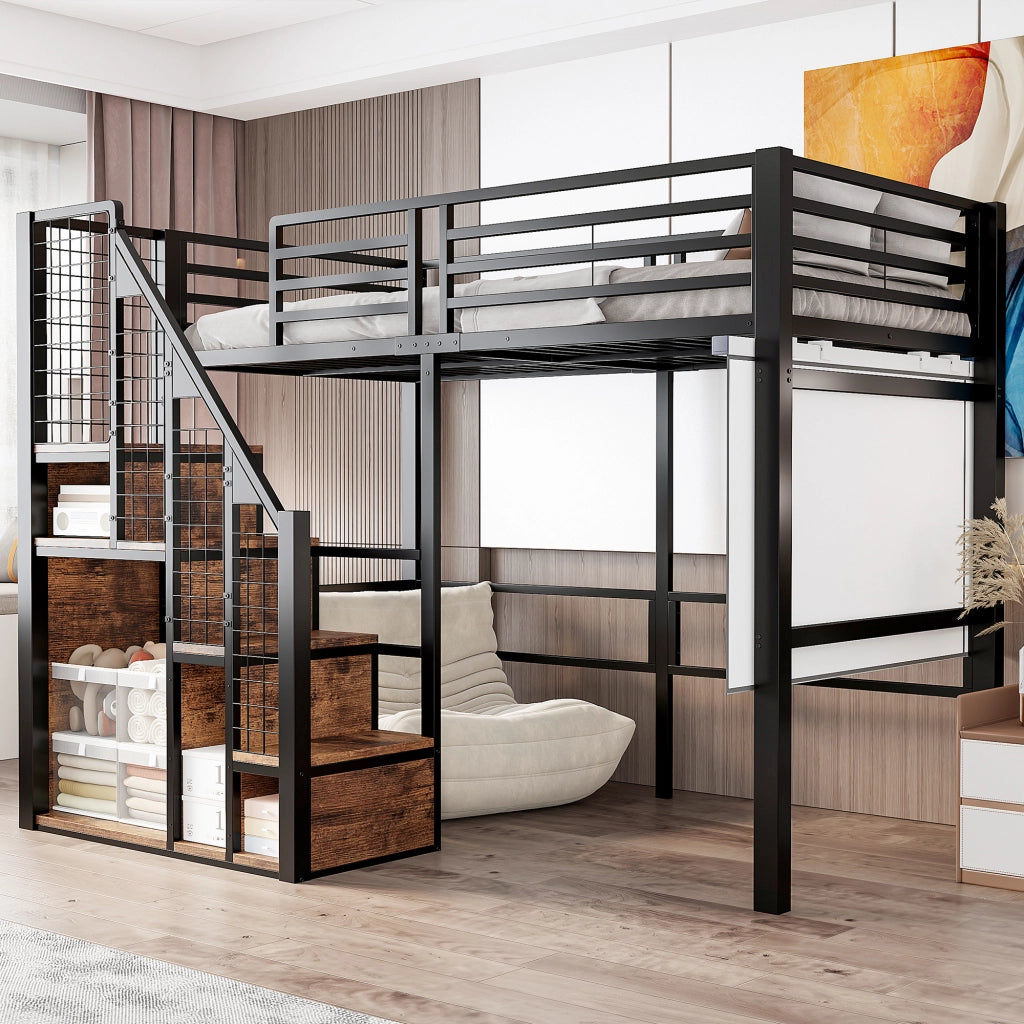 Letto a soppalco singolo 90 × 200 cm con scomparto portaoggetti e scaletta, senza materasso, in metallo, nero