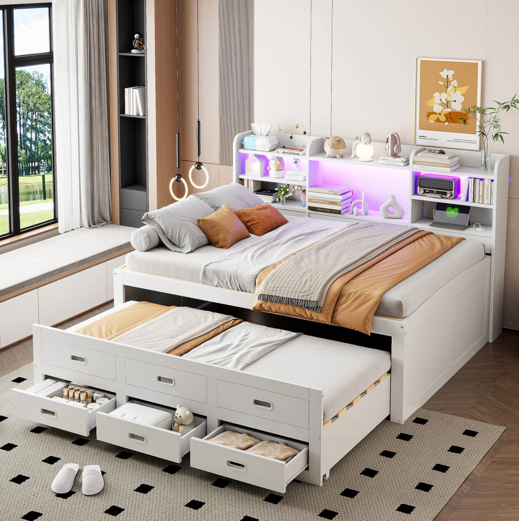 Letto estraibile 140x200 cm con LED, cassetti e USB-C