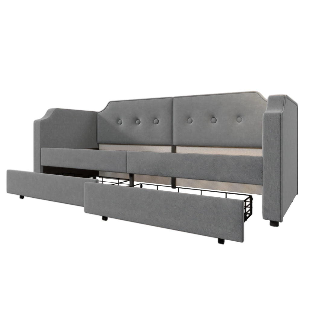 Letto imbottito 90x200 cm in velluto grigio con 2 cassetti, USB Type-C, lampada da lettura e rete a doghe