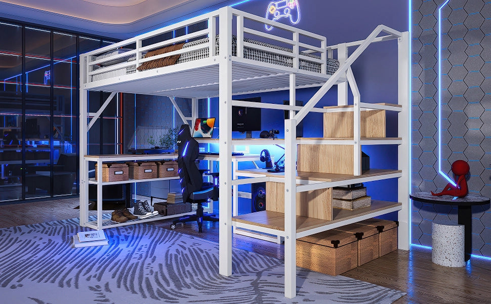 DESMIU Letto a soppalco 2 posti con scrivania, vani portaoggetti, USB e LED regolabile 140 × 200 cm, senza materasso