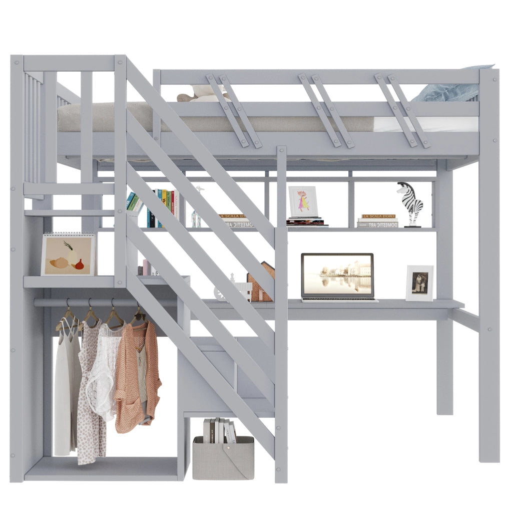 Letto a soppalco 140x200 cm con scrivania; LED; scale contenitore e prese; grigio