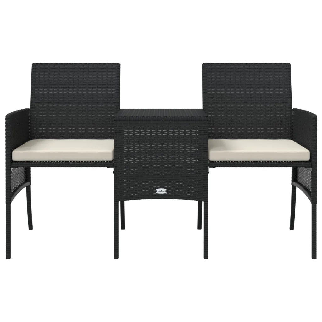Divano Giardino 2 Posti con Tavolo e Sgabelli Nero Polyrattan