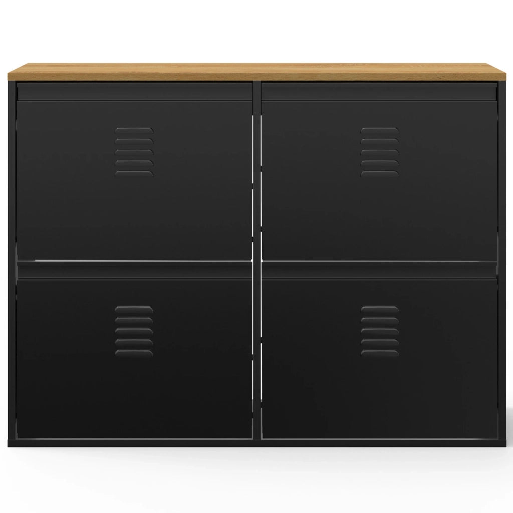 IDMarket - ESTER zapatero de metal negro de 4 puertas para 20 pares con tapa de madera de diseño industrial